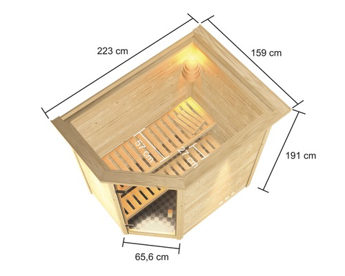 Schéma technique d''un sauna avec les dimensions 223 cm, 159 cm, 191 cm, 57 cm, 27 cm et 65,6 cm.