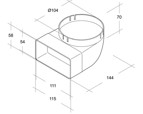 Technische Zeichnung eines Eckformstücks für Lüftungsrohre mit Massangaben