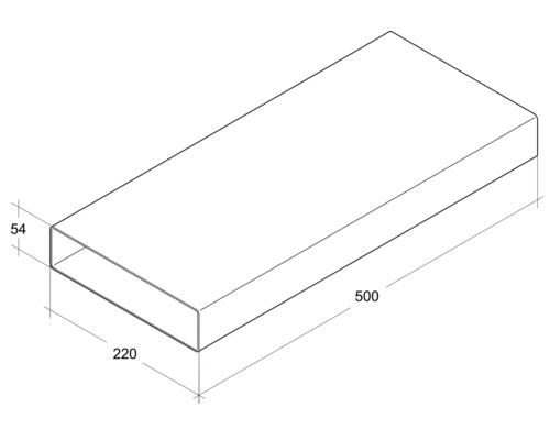 Technische Zeichnung eines Rechteckrohrs mit den Massen 500 x 220 x 54 mm