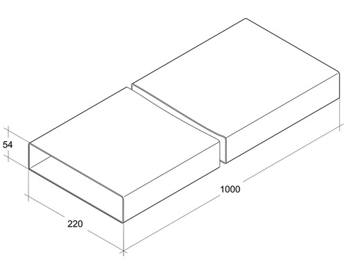 Technische Zeichnung eines rechteckigen Lüftungskanals mit den Maßen 54 x 220 x 1000 Millimeter.