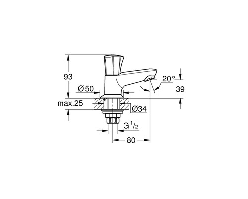 Technische Zeichnung einer Armatur mit Maßangaben