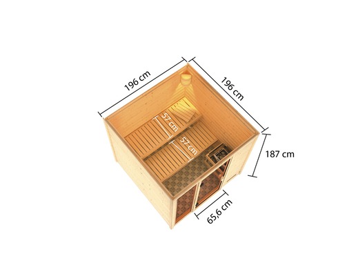 Vue intérieure d''un sauna avec indication des dimensions