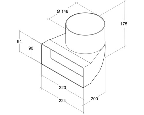Dessin technique d''une transition rectangulaire vers ronde avec indications de dimensions.