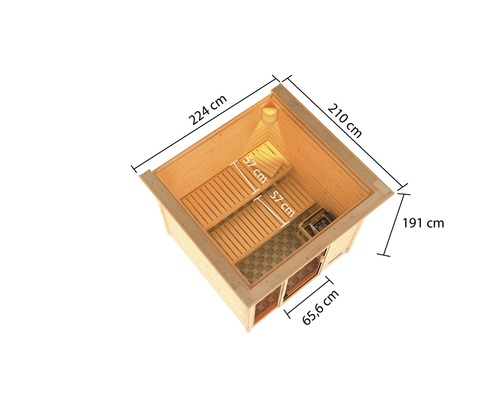 Vue de dessus d''un sauna avec les dimensions suivantes : 224 cm de long, 210 cm de large et 191 cm de haut.
