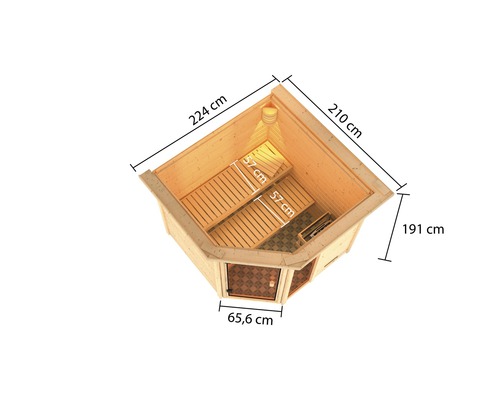 Vue de dessus d''un sauna en bois avec indication des dimensions de hauteur, largeur et profondeur
