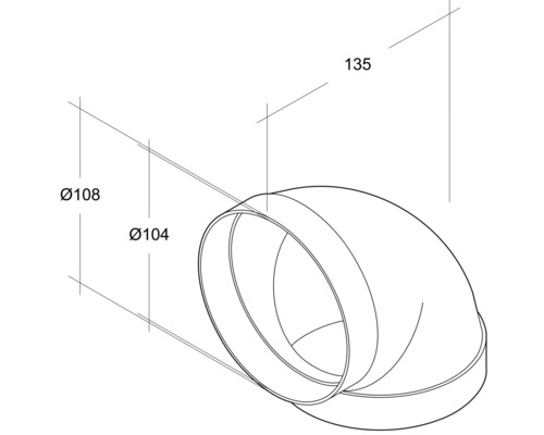 Illustration eines Rohrbogens mit den Massen 108 mm, 104 mm und 135 mm