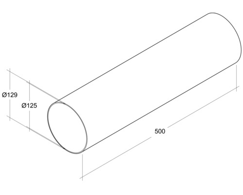Dessin technique d''un tube rond de 125 et 129 millimètres de diamètre et de 500 millimètres de long.