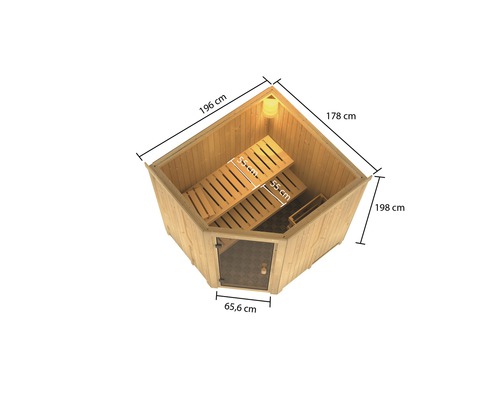 Vue de dessus d''un sauna en bois avec bancs et façade en verre avec dimensions