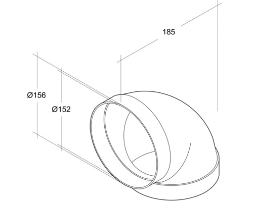 Schéma technique d''un coude de tuyau avec les dimensions 156 mm, 152 mm et 185 mm.