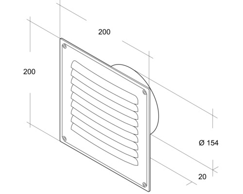 Quadratisches Lüftungsgitter mit horizontalen Lamellen und Massangaben