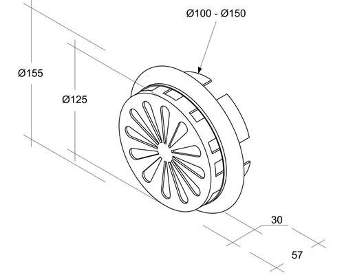 Diagramm eines runden Tellerventils mit einem Durchmesser von 125 mm und einem Anschlussdurchmesser von 100 bis 150 mm