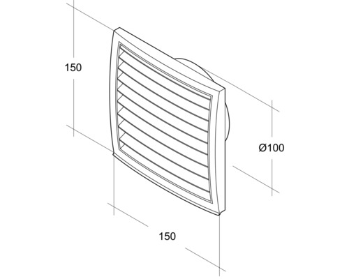 Quadratischer Wetterschutzgitter mit den Maßen 150 x 150 mm und einem Durchmesser von 100 mm.