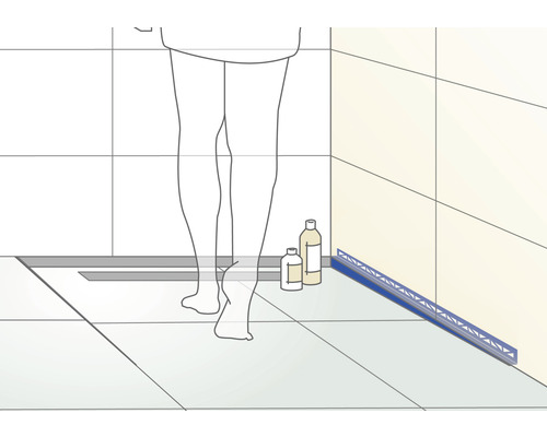 Illustration eines Badezimmers mit Duschrinne, Fliesen und Körperpflegeprodukten