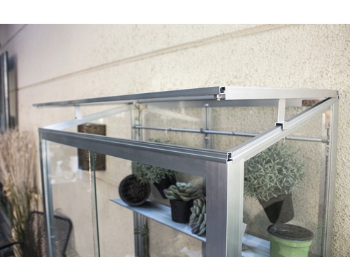 Gros plan d''une serre avec cadre en aluminium et étagères pour plantes.