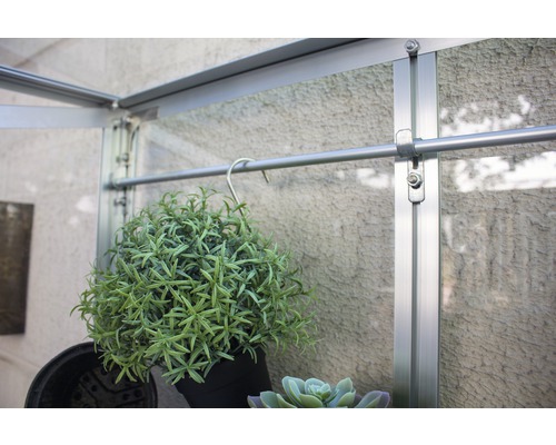 Vue détaillée d''une serre avec des plantes sur un dispositif de suspension