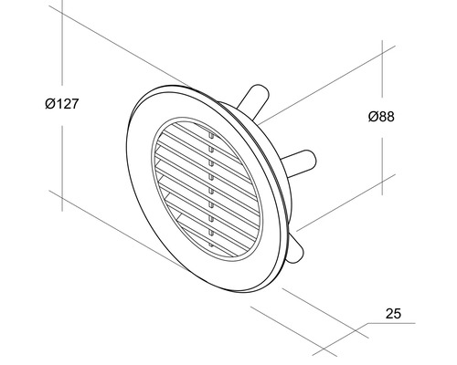 Technische Zeichnung eines runden Tellerventils mit den Maßen 127 mm Durchmesser, 88 mm Durchmesser und 25 mm Länge