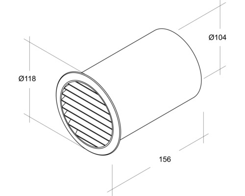 Dessin technique d''une soupape à disque ronde avec des dimensions de 118 mm de diamètre, 104 mm de diamètre et 156 mm de longueur