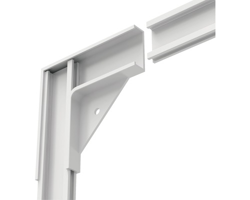 Detailaufnahme eines weissen Aluminiumprofils mit Eckverbinder für eine Terrassenüberdachung