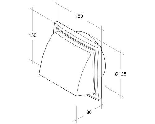 Technische Zeichnung eines Aussenwandlüfters mit den Massen 150 x 150 x 80 Millimeter und einem Durchmesser von 125 Millimetern.