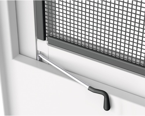 Detailaufnahme eines Insektenschutzgitters mit Bedienhebel am Fenster