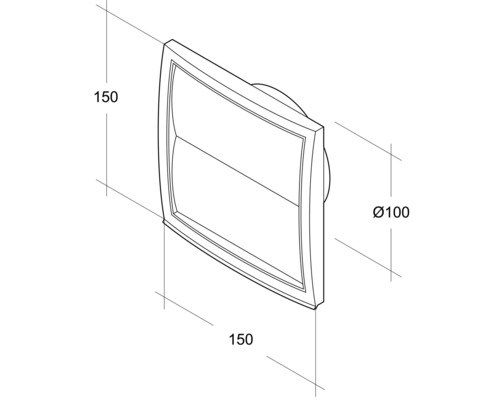 Zeichnung eines quadratischen Wetterschutzgitters mit den Maßen 150 mal 150 Millimeter und einem Durchmesser von 100 Millimetern