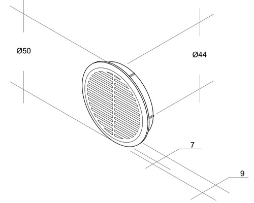Zeichnung eines runden Ablaufs mit den Maßen 50 mm und 44 mm.