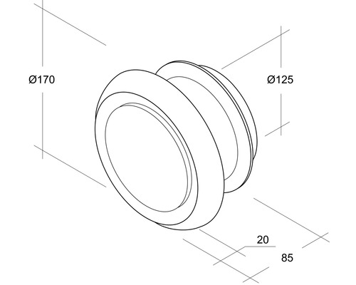 Schéma technique d''un spot mural avec les dimensions diamètre 170 millimètres, diamètre 125 millimètres, 20 millimètres et 85 millimètres