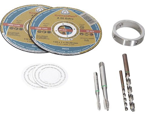 Deux disques à tronçonner, une bague de fixation, deux tarauds et deux forets hélicoïdaux.