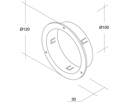 Dessin technique d''un raccord rond mesurant 120 mm, 100 mm et 30 mm.