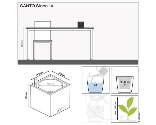 Produktabmessungen und Anwendungsdiagramm des Canto Stone 14 Pflanzgefäßes.
