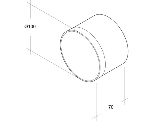 Dessin technique d''un objet cylindrique avec les dimensions diamètre 100 et longueur 70