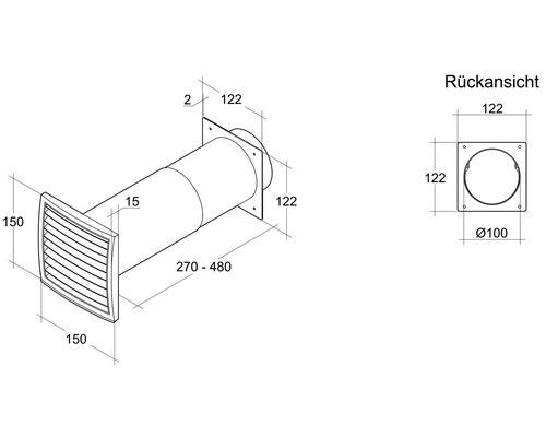 Dessin technique d''un boîtier mural avec grille de protection contre les intempéries et dimensions
