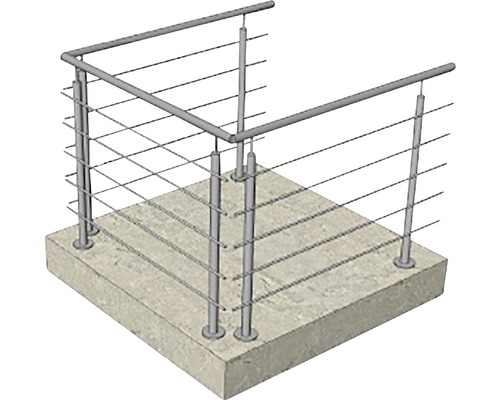 Edelstahlgeländer mit horizontalen Drahtseilen auf Beton