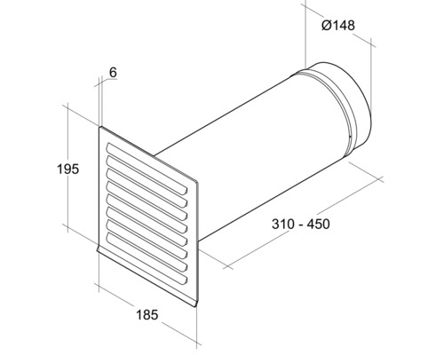 Technische Zeichnung eines Mauerkastens mit Lamellen und Maßen.