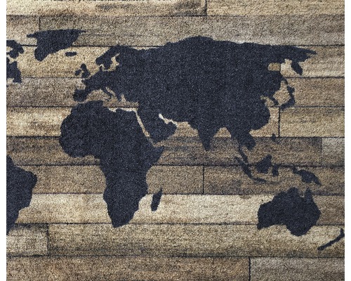 Fussmatte mit Weltkartenmuster auf Holzplankenoptik