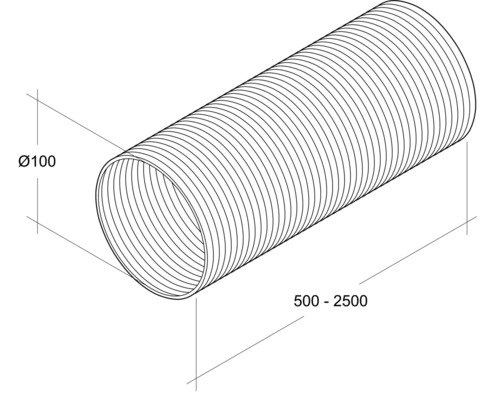 Illustration d''une gaine de ventilation flexible de 100 mm de diamètre et de 500 à 2500 mm de long.