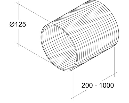 Illustration d''un tuyau flexible de 125 mm de diamètre et d''une longueur de 200 à 1000 mm.