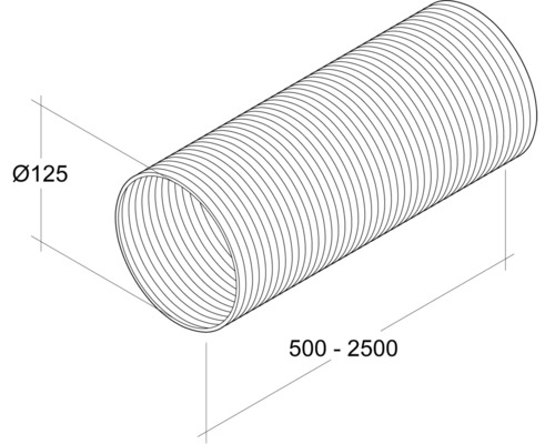 Tuyau de ventilation flexible avec un diamètre de 125 mm et une longueur de 500 à 2500 mm.