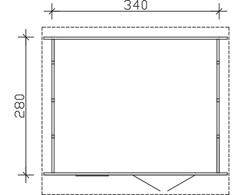 Technische Zeichnung eines Gartenhauses mit Maßangaben 340 und 280.