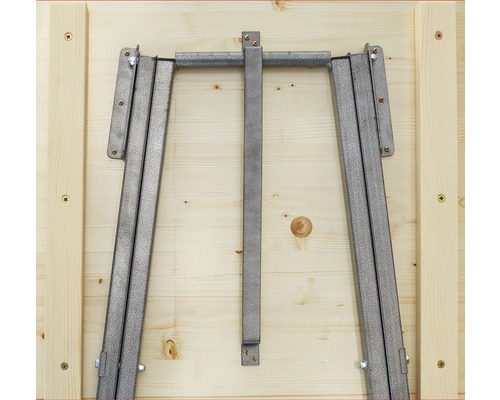 Metalltischbeinmechanismus an einer Holztischplatte befestigt