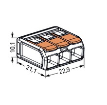 Dreipolige Verbindungsklemme mit den Massen 10,1 x 21,1 x 22,9 Millimeter.