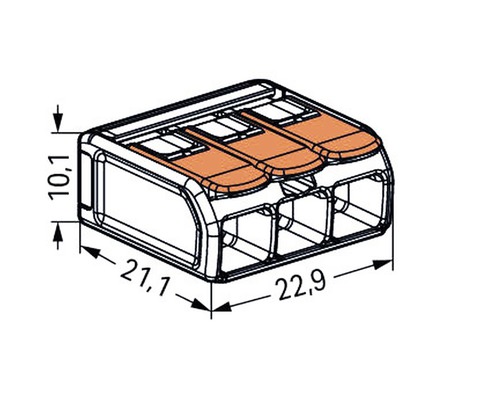 Dreipolige Verbindungsklemme mit den Massen 10,1 x 21,1 x 22,9 Millimeter.