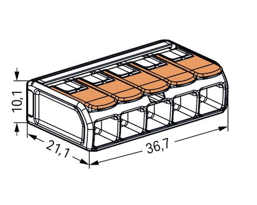 Illustration einer vierpoligen Verbindungsklemme mit Massangaben