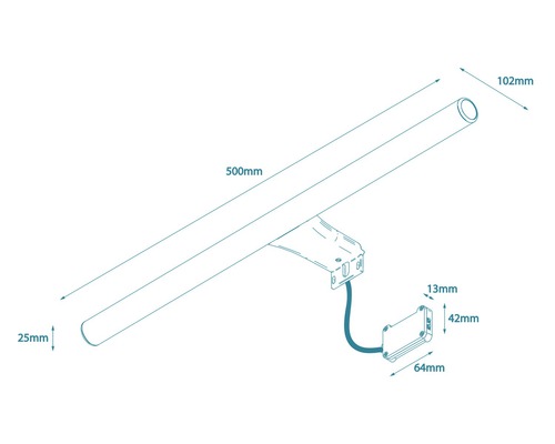 Dessin technique d''une lampe de 500 millimètres de long avec des dimensions de 102 millimètres, 25 millimètres, 13 millimètres, 42 millimètres et 64 millimètres.