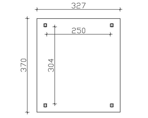 Dessin technique d''une plaque carrée de dimensions 327 x 370 mm avec quatre points de fixation