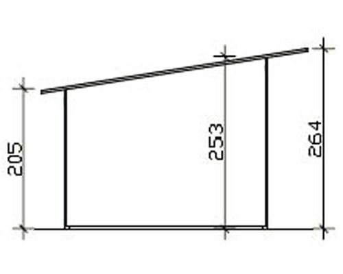 Technische Zeichnung eines Gartenhauses mit Maßangaben.