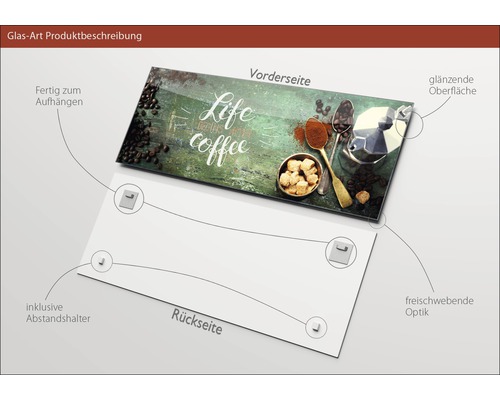 Tableau en verre avec motif de café, supports d''écartement inclus pour la suspension