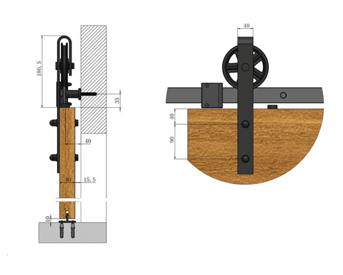 Technische Zeichnung eines Schiebetürsystems mit Maßangaben