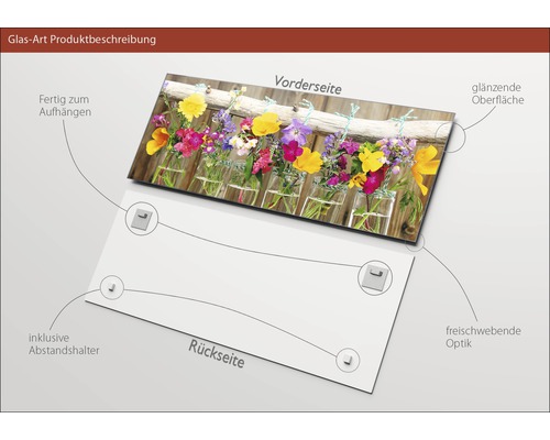 Glasbild mit Blumen in Einmachgläsern, inklusive Abstandshalter und glänzender Oberfläche