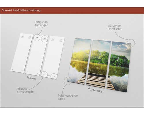 Tableau en verre en plusieurs parties avec motif lacustre, surface brillante et suspension